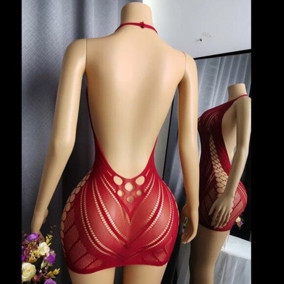 Crimson Red Fishnet Bodycon Dress - Picture 4 of 6